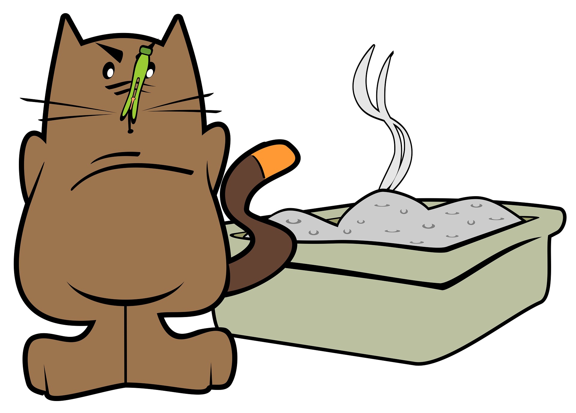 Graphic of cat standing in front of smelly litter box with clothespin on his nose 