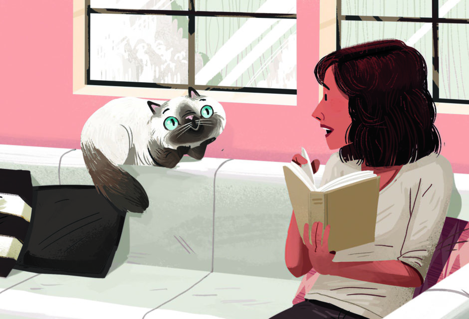 Graphic of a cat smiling on a couch looking at a woman reading a book