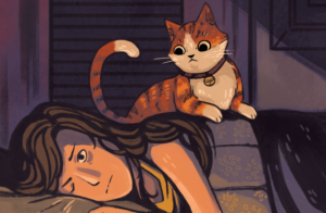 Graphic of a woman trying to sleep with a cat laying on top of her