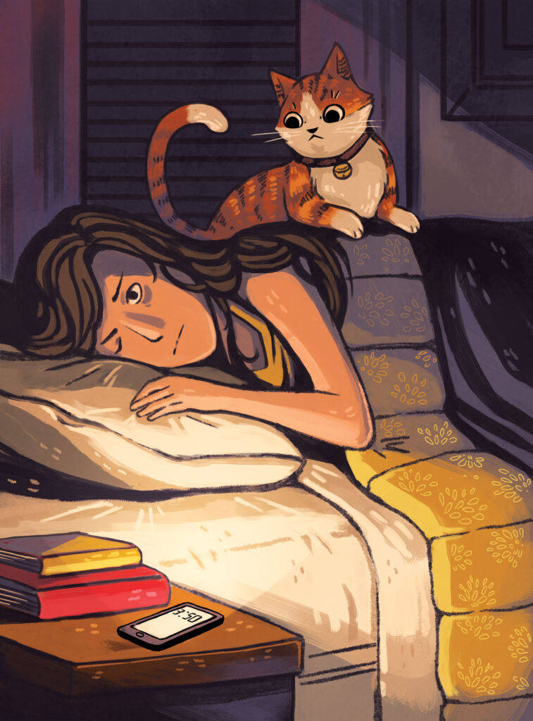 Graphic of a woman trying to sleep with a cat laying on top of her