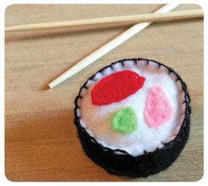 DIY craft sushi cat toy with ginger, fish and made out of felt and thread