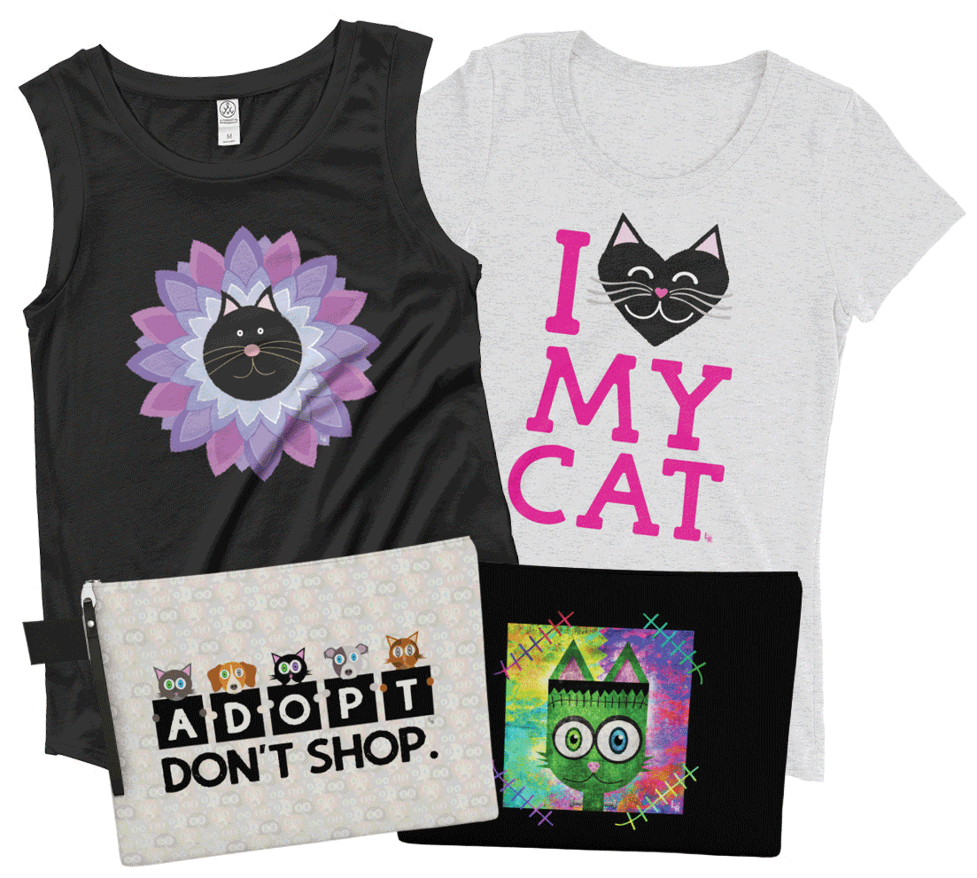 LisetteArtShop cat themed t-shirts and bags for people who love cats and want to wear cat clothing