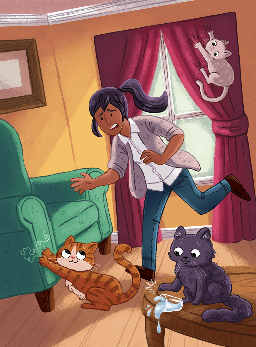 Illustration of woman and her three cats clawing furniture.