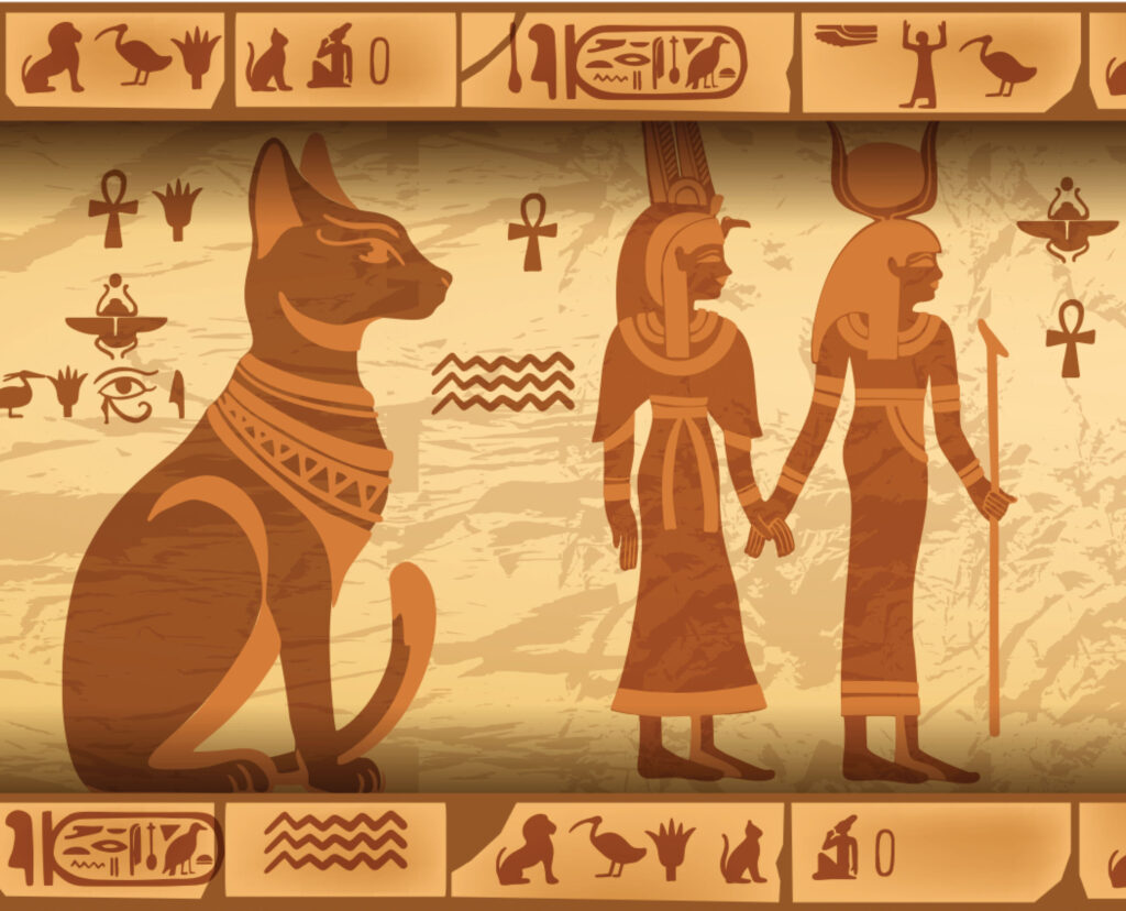 Egypt stone border, vector seamless papyrus ornament, god silhou